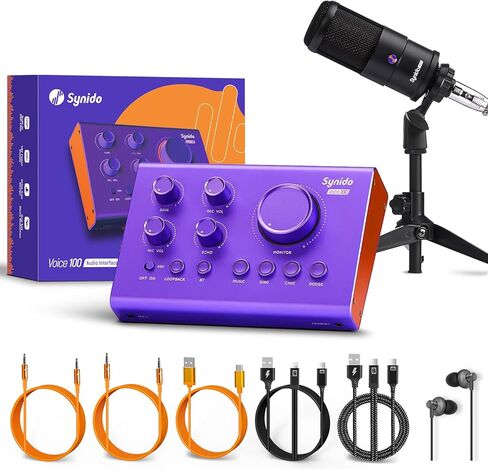 Synido Podcast Equipment Bundle, Audio Sound Card Aluminum Body for beginner with Microphone for Live Streaming, PC, Mac, Recording, Gaming, Guitar in Kuwait