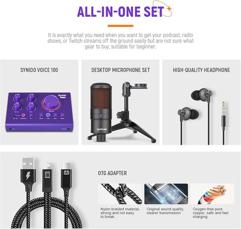 Synido Podcast Equipment Bundle, Audio Sound Card Aluminum Body for beginner with Microphone for Live Streaming, PC, Mac, Recording, Gaming, Guitar in Kuwait