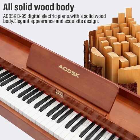 AODSK بيانو رقمي خشبي 88 مفتاح لوحة مفاتيح مرجحة بالحجم الكامل، بيانو جسم من الخشب الصلب للمبتدئين، مع حامل ورقة الموسيقى، دواسة ثلاثية، محول طاقة، يدعم توصيل USB-MIDI، لون الخشب (B-99) in Kuwait