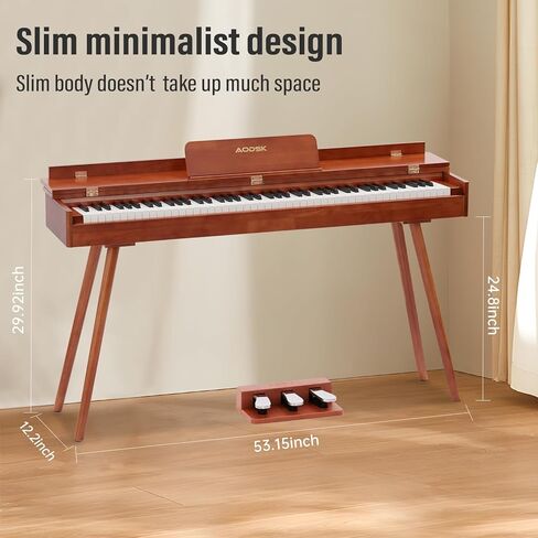 AODSK بيانو رقمي خشبي 88 مفتاح لوحة مفاتيح مرجحة بالحجم الكامل، بيانو جسم من الخشب الصلب للمبتدئين، مع حامل ورقة الموسيقى، دواسة ثلاثية، محول طاقة، يدعم توصيل USB-MIDI، لون الخشب (B-99) in Kuwait