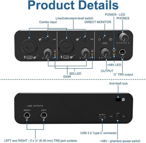 2i2 USB Audio Interface with 48V Phantom Power 24 Bit/192kHz with Pop Filter Support Smartphone，Tablet，PC， For the Guitarist/Vocalist/Podcaster/TikTok Anchor(No DAW Recording Software) in Saudi Arabia