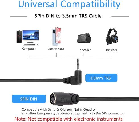 كابل SinLoon 5-Pin DIN أنثى، 5 Pin Din إلى 90 درجة 3.5 مم (1/8 بوصة) كابل صوت ستيريو TRS ذكر جاك لنظام B & O تشغيل مخرج إشارة الآلة الموسيقية 1.6FT (0.5 متر 5-PIN F) in Kuwait