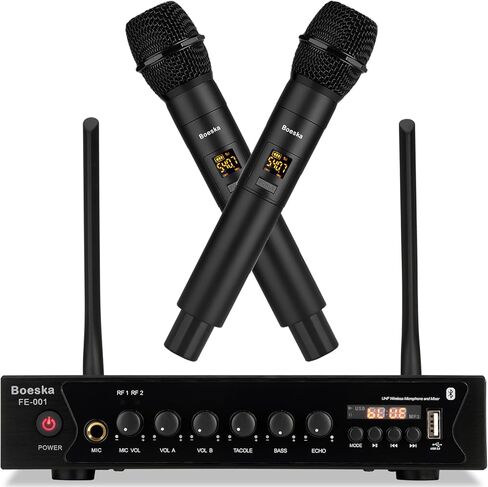 نظام ميكروفون لاسلكي، مجموعة ميكروفون لاسلكي مزدوج UHF بمدى 262 قدمًا للكاريوكي المنزلي، والغناء، والكلام، والحفلات، والاجتماعات، والكنيسة (أسود (بدون بطارية)) in Kuwait