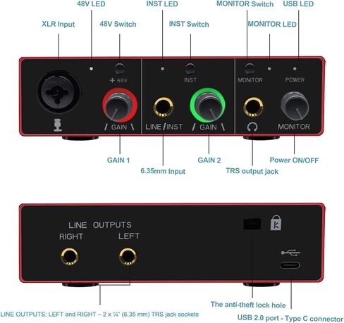 واجهة صوت USB، واجهة صوت اكس ال ار 48 فولت طاقة فانتوم، تدعم الجيتار، برامج مجمعة بدون تحميل متوافقة مع معظم دي ايه دبليو (واجهة صوت مع كيبل اكس ال ار) in Kuwait