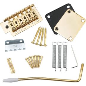 Swhmc Golden 6 Strings Electric Guitar Tremolo Bridge Bar Kit,6R Sealed Gear Tuning Pegs Keys Machine Head with Neck Plate Reinforce Board for Strat Fender Guitar Replacement