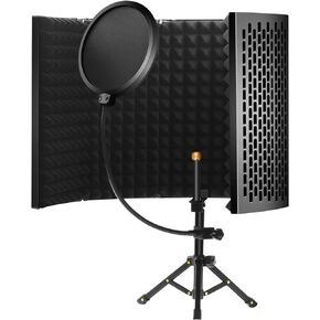 Microphone Isolation Shield with Pop Filter and Tripod Stand, 5-Panel Vocal Booth Foldable High Density Absorbent Foam Suit for Blue Yeti & Any Condenser Mic, Studio Sound Recording Singing in Saudi Arabia