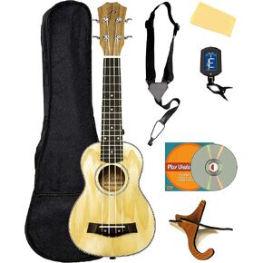Barcelona Solid Top Ash Wood Soprano Ukulele Bundle with Gig Bag, Tuner, Stand, Strap, Austin Bazaar Instructional DVD, and Polishing Cloth
