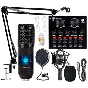 Podcast Equipment Bundle, BM-800 Mic Kit with Live Sound Card, Adjustable Mic Suspension Scissor Arm, Metal Shock Mount and Double-Layer Pop Filter for Studio Recording & Broadcasting (CF200-Black)
