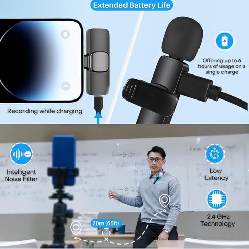 ميكروفون هاومت لايفون - ميكروفون لافالير لاسلكي لايفون وايباد - تأخير منخفض للغاية 2.4G - ميكروفون ايفون ميني - ميكروفون ايفون لتسجيل الفيديو والمقابلات ومدونات الفيديو (2 في 1) in Saudi Arabia