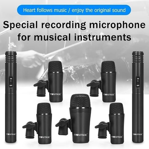 Tiwastage 7 Piece Dynamic Wired Drum Microphone Kit (Whole Metal) - Kick Bass, Tom/Snare & Cymbals Mic Set - for Drums, Vocal, Other Instrument - Complete with Thread Clip, Inserts, Mics Holder & Case in Saudi Arabia