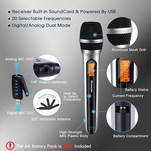 ميكروفون Alvoxcon USB لاسلكي، ميكروفون ديناميكي UHF لأجهزة Android، كمبيوتر شخصي، كمبيوتر محمول، PA، Podcasting، Vlogging، YouTube، التسجيل الصوتي، الألعاب، ممارسة الغناء (نظام مزود بمستقبل USB) in Kuwait