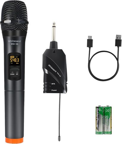 مجموعة ميكروفون لاسلكي من Whitesand UHF مع ميكروفون ديناميكي محمول، 30 ترددًا، جهاز استقبال صغير، ميكروفون للغناء، الكاريوكي المنزلي، DJ، الكنيسة، الزفاف (WSM-100) in Kuwait