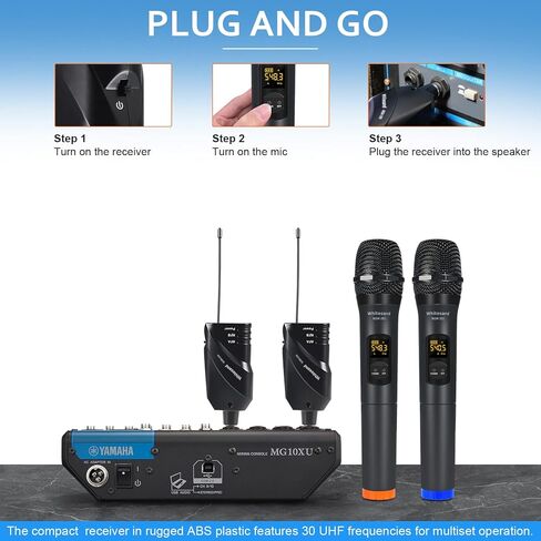 مجموعة ميكروفون لاسلكي من Whitesand UHF مع ميكروفون ديناميكي محمول، 30 ترددًا، جهاز استقبال صغير، ميكروفون للغناء، الكاريوكي المنزلي، DJ، الكنيسة، الزفاف (WSM-100) in Kuwait