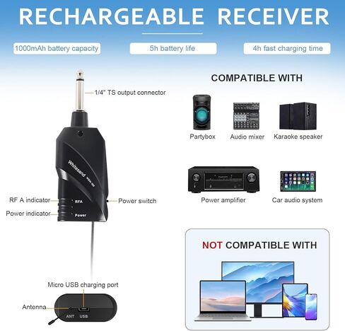 مجموعة ميكروفون لاسلكي من Whitesand UHF مع ميكروفون ديناميكي محمول، 30 ترددًا، جهاز استقبال صغير، ميكروفون للغناء، الكاريوكي المنزلي، DJ، الكنيسة، الزفاف (WSM-100) in Kuwait