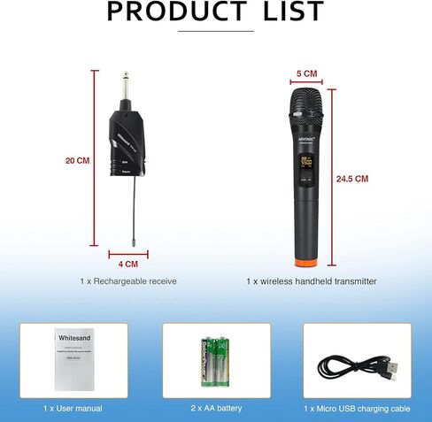 مجموعة ميكروفون لاسلكي من Whitesand UHF مع ميكروفون ديناميكي محمول، 30 ترددًا، جهاز استقبال صغير، ميكروفون للغناء، الكاريوكي المنزلي، DJ، الكنيسة، الزفاف (WSM-100) in Kuwait