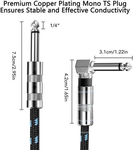 كابل جيتار SDYQD بطول 10 أقدام - 1/4 بوصة كبل أدوات ذهبي بزاوية قائمة - سلك جيتار كهربائي عالي الجودة وكابل أمبير - كابل أدوات كهربائية Pro Audio in Kuwait