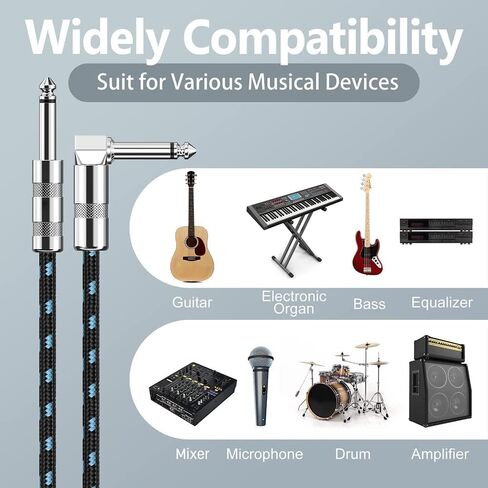 كابل جيتار SDYQD بطول 10 أقدام - 1/4 بوصة كبل أدوات ذهبي بزاوية قائمة - سلك جيتار كهربائي عالي الجودة وكابل أمبير - كابل أدوات كهربائية Pro Audio in Kuwait