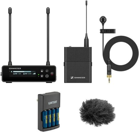 Sennheiser EW-DP ME 4 Set Camera-Mount Digital Wireless Cardioid Lavalier Mic System (R4-9: 552 to 607 MHz) Bundle with Auray WLW Fuzzy Windbuster and Watson Rapid Charger with 4 AA Batteries in Saudi Arabia