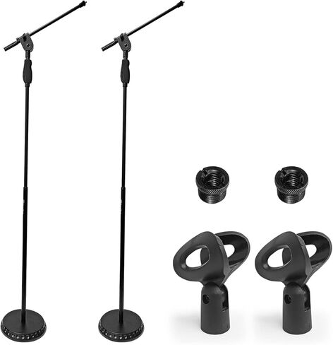 حامل ميكروفون بيد واحدة من AxcessAbles MS-201RB مع قاعدة مستديرة ثقيلة مرجحة وضبط الارتفاع سريع الإمساك - يتضمن ذراع ميكروفون متداخل. حامل ميكروفون طويل للغناء، عبوتان in Kuwait