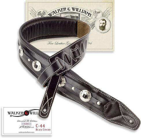 Walker & Williams C-44-BLK Classic Gloss Black Premium Grain Leather Double Padded Concho Strap 3.5" Wide For Acoustic, Electric, And Bass Guitars in Saudi Arabia