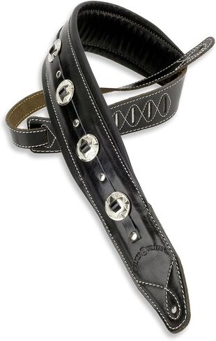Walker & Williams C-44-BLK Classic Gloss Black Premium Grain Leather Double Padded Concho Strap 3.5" Wide For Acoustic, Electric, And Bass Guitars in Saudi Arabia