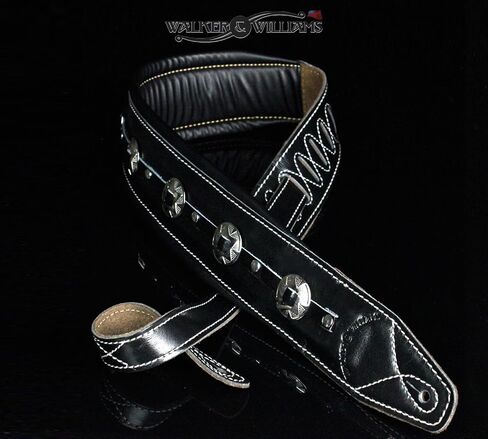 Walker & Williams C-44-BLK Classic Gloss Black Premium Grain Leather Double Padded Concho Strap 3.5" Wide For Acoustic, Electric, And Bass Guitars in Saudi Arabia