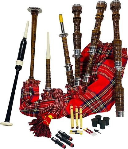 Great Scottish Highland Bagpipes Full Silver Mount Natural&Black Finish With Bag (Royal Stewart Natural Finish) (Royal Stewart Natural Finish) in Kuwait