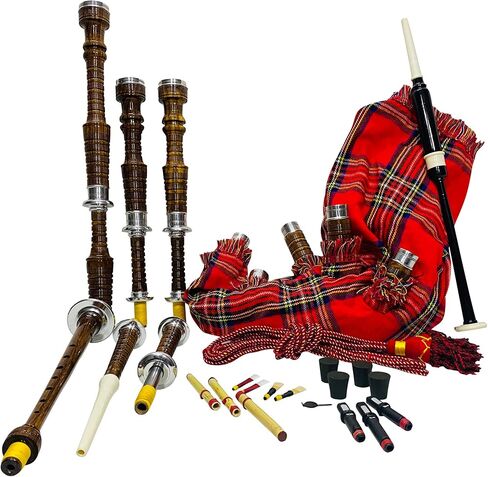 Great Scottish Highland Bagpipes Full Silver Mount Natural&Black Finish With Bag (Royal Stewart Natural Finish) (Royal Stewart Natural Finish) in Kuwait