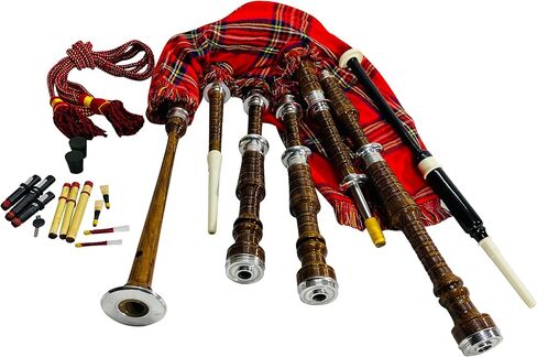 Great Scottish Highland Bagpipes Full Silver Mount Natural&Black Finish With Bag (Royal Stewart Natural Finish) (Royal Stewart Natural Finish) in Kuwait