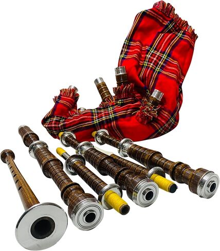Great Scottish Highland Bagpipes Full Silver Mount Natural&Black Finish With Bag (Royal Stewart Natural Finish) (Royal Stewart Natural Finish) in Kuwait