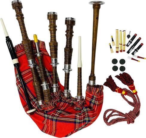 Great Scottish Highland Bagpipes Full Silver Mount Natural&Black Finish With Bag (Royal Stewart Natural Finish) (Royal Stewart Natural Finish) in Kuwait