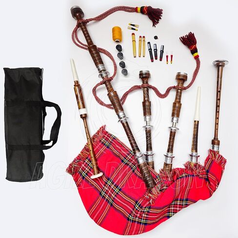 Great Scottish Highland Bagpipes Full Silver Mount Natural&Black Finish With Bag (Royal Stewart Natural Finish) (Royal Stewart Natural Finish) in Kuwait