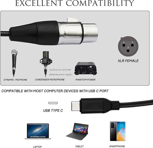 كابل JOMLEY USB C إلى XLR، كابل ميكروفون USB من النوع C إلى XLR أنثى، كابل استوديو توصيل وتشغيل ميكروفون لتسجيل الصوت، الكاريوكي، البث المباشر - 10 قدم/3 متر in Kuwait