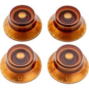 Musiclily Pro Left Handed Metric Size 18 Spline Bell Top Hat Control Knobs for Epiphone Les Paul Electric Guitar Asia Import Guitar Bass Split Shaft Pots, Amber (Set of 4)