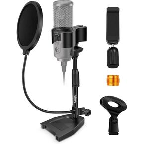 Desktop Mic Stand, iQLQPQ Adjustable Microphone Stand Desk with Upgrade Microphone Clip Max Clamping Range 60mm,Pop Filter,Cell Phone Clip,3/8"to 5/8" Metal Adapter for Blue Yeti Snowball & Other Mic in Kuwait