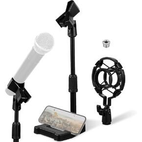 Milisten Desktop Microphone Stand with Phone Holder, 2 in 1 Adjustable Microphone Stand Desk with Shock Mount and Adapter, Mic Stand Desk with Weighted Base for Broadcast Recording in Kuwait