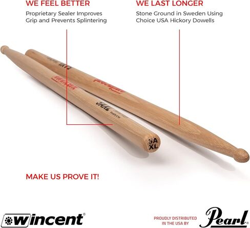 Wincent Drumsticks 5AXL Extended Medium Shoulder Hickory Drumsticks Beaded Wood Tip1 Pair in Kuwait