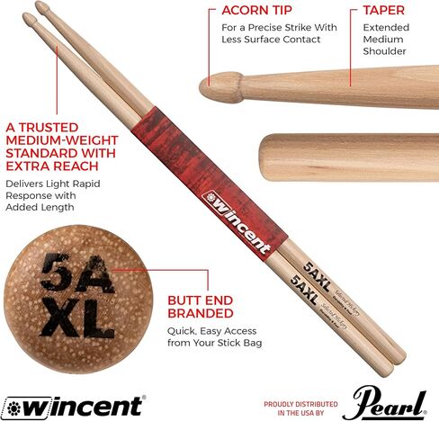 Wincent Drumsticks 5AXL Extended Medium Shoulder Hickory Drumsticks Beaded Wood Tip1 Pair in Kuwait