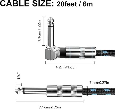 كابل جيتار SOTESIN بطول 20 قدمًا كابل جيتار 𝐀𝐦𝐩 𝐂𝐨𝐫𝐝 كابل جيتار كهربائي احترافي 1/4 كابل زاوية قائمة إلى مستقيمة للجيتار، الجهير، لوحة المفاتيح، الخلاط، مكبر الصوت (أسود أحمر) in Kuwait