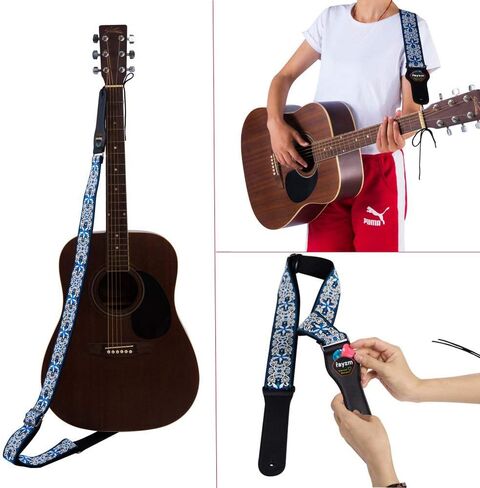 حزام جيتار مطرز من Rayzm، حزام قطني منسوج من قماش الجاكار للجيتار الصوتي/الكهربائي/الجهير مع جيب لريشة الريشة، مشبك معدني، عرض 5 سم، طول قابل للتعديل in Kuwait