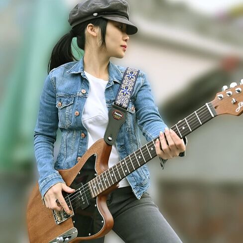 حزام جيتار مطرز من Rayzm، حزام قطني منسوج من قماش الجاكار للجيتار الصوتي/الكهربائي/الجهير مع جيب لريشة الريشة، مشبك معدني، عرض 5 سم، طول قابل للتعديل in Kuwait