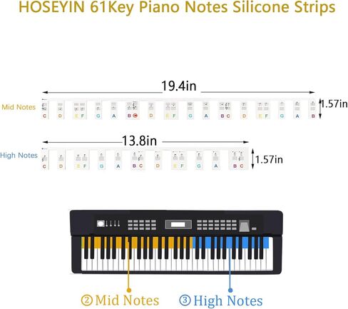 HOSEYIN Piano Notes Guide for Beginner, 88/61 Key Bold Large Letter Silicone,No Need Stickers Piano Keyboard Lables,Reusable for Beginners and Kids, Comes with Box (Black, 88KEY) in Kuwait
