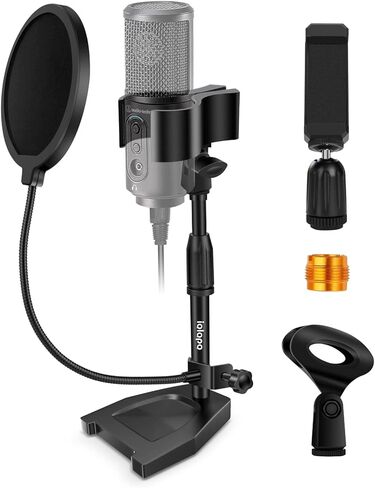 حامل ميكروفون سطح المكتب، iQLQPQ مكتب حامل ميكروفون قابل للتعديل مع مشبك ميكروفون ترقية أقصى نطاق لقط 60 مم، مرشح بوب، مشبك الهاتف الخلوي، محول معدني 3/8 بوصة إلى 5/8 بوصة لكرة الثلج الزرقاء والميكروفونات الأخرى in Kuwait