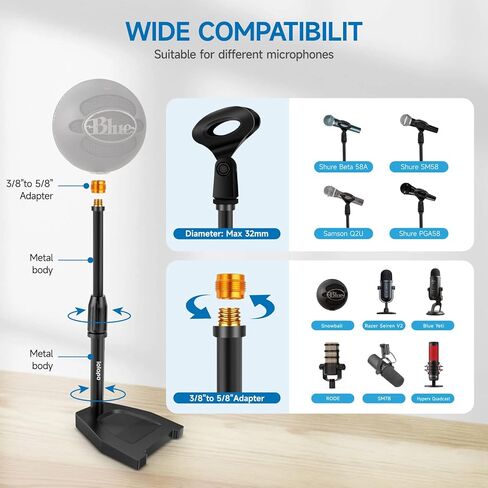 حامل ميكروفون سطح المكتب، iQLQPQ مكتب حامل ميكروفون قابل للتعديل مع مشبك ميكروفون ترقية أقصى نطاق لقط 60 مم، مرشح بوب، مشبك الهاتف الخلوي، محول معدني 3/8 بوصة إلى 5/8 بوصة لكرة الثلج الزرقاء والميكروفونات الأخرى in Kuwait