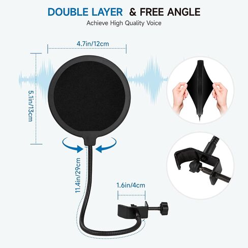 حامل ميكروفون سطح المكتب، iQLQPQ مكتب حامل ميكروفون قابل للتعديل مع مشبك ميكروفون ترقية أقصى نطاق لقط 60 مم، مرشح بوب، مشبك الهاتف الخلوي، محول معدني 3/8 بوصة إلى 5/8 بوصة لكرة الثلج الزرقاء والميكروفونات الأخرى in Kuwait