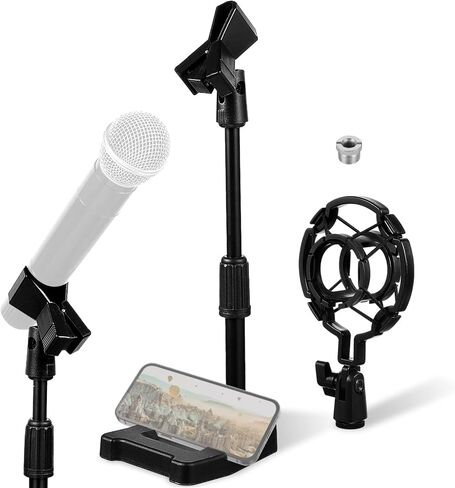 ميليستين حامل ميكروفون مكتبي مع حامل هاتف، حامل ميكروفون 2 في 1 قابل للتعديل مع حامل للصدمات ومحول وحامل ميكروفون مع قاعدة مرجحة لتسجيل البث in Kuwait
