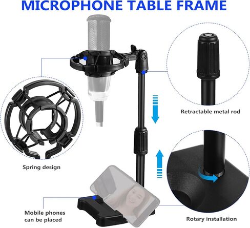 ميليستين حامل ميكروفون مكتبي مع حامل هاتف، حامل ميكروفون 2 في 1 قابل للتعديل مع حامل للصدمات ومحول وحامل ميكروفون مع قاعدة مرجحة لتسجيل البث in Kuwait
