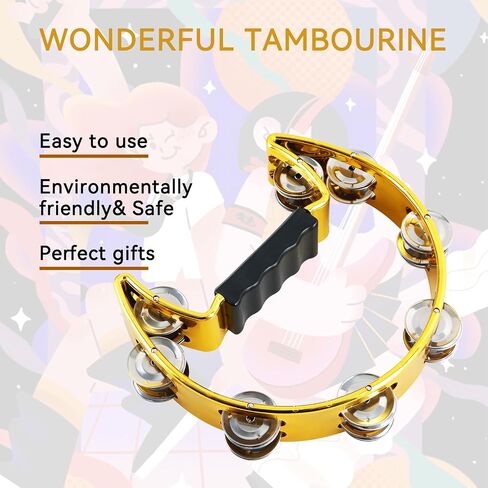 EastRock Tambourine,Metal Jingles Hand Held Percussion Half-Moon Tambourine and Egg Shakers for Kids, Adults, KTV, Party Gold in Kuwait