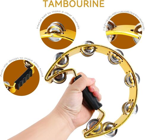 EastRock Tambourine,Metal Jingles Hand Held Percussion Half-Moon Tambourine and Egg Shakers for Kids, Adults, KTV, Party Gold in Kuwait