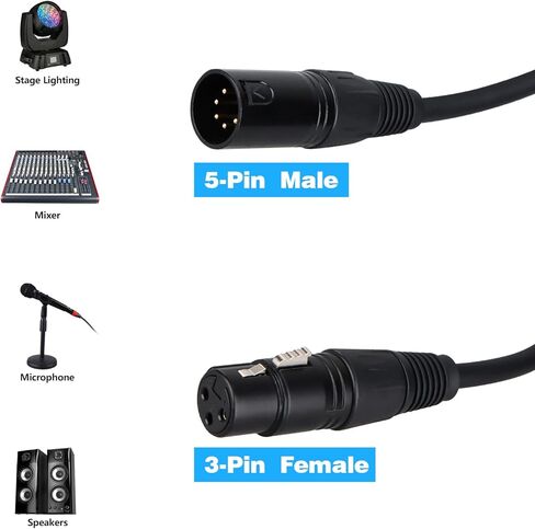 HOSONGIN 3-Pin XLR ذكر إلى 5-Pin XLR أنثى DMX محول كابل للميكروفون DMX DMX512 مرحلة الإضاءة التحول، طول 12 بوصة /1 قدم، 2 حزمة in Kuwait